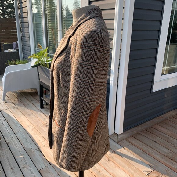 Vintage 70s Tweed Plaid Faux Suede Elbow Patch 3 Button Blazer Jacket - Picture 5 of 16